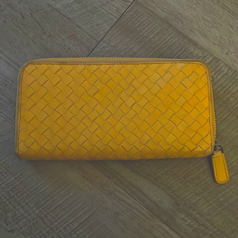 Long leather warm yellow zipper wallet with weaved faux leather